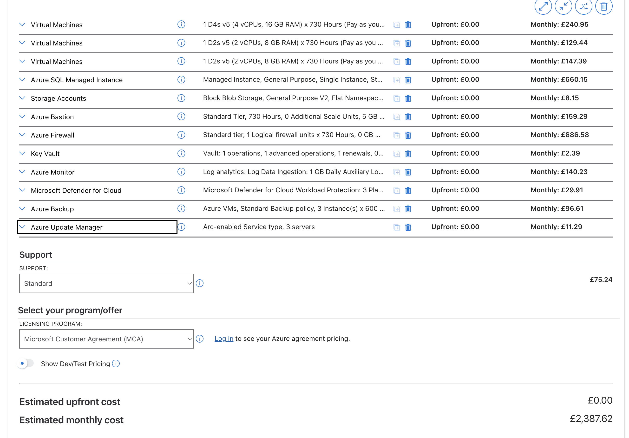 Microsoft Azure Pricing Calculator screenshot showing the recommended Pearl test environment estimate